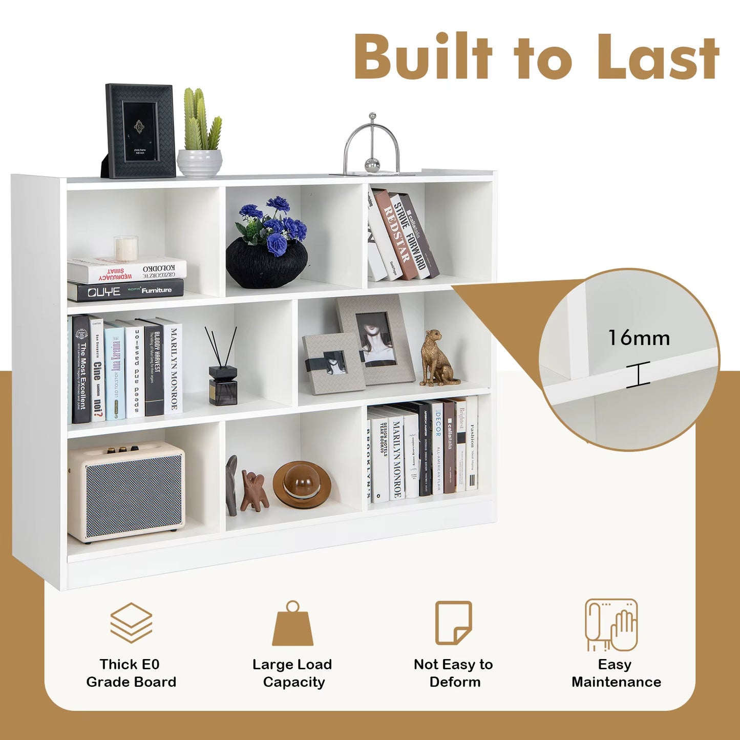 8 Cube Free Standing Bookcase 3-Tier Wooden Bookshelf W/ Open Cubes
