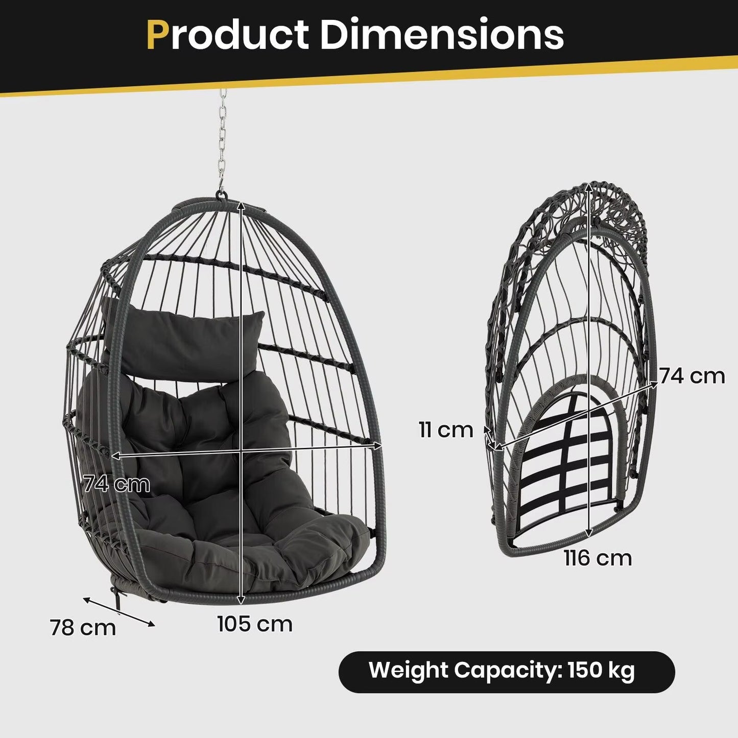 Hanging Egg Chair Egg Swing Hammock Chair W/ Head Pillow & Large Seat Cushion