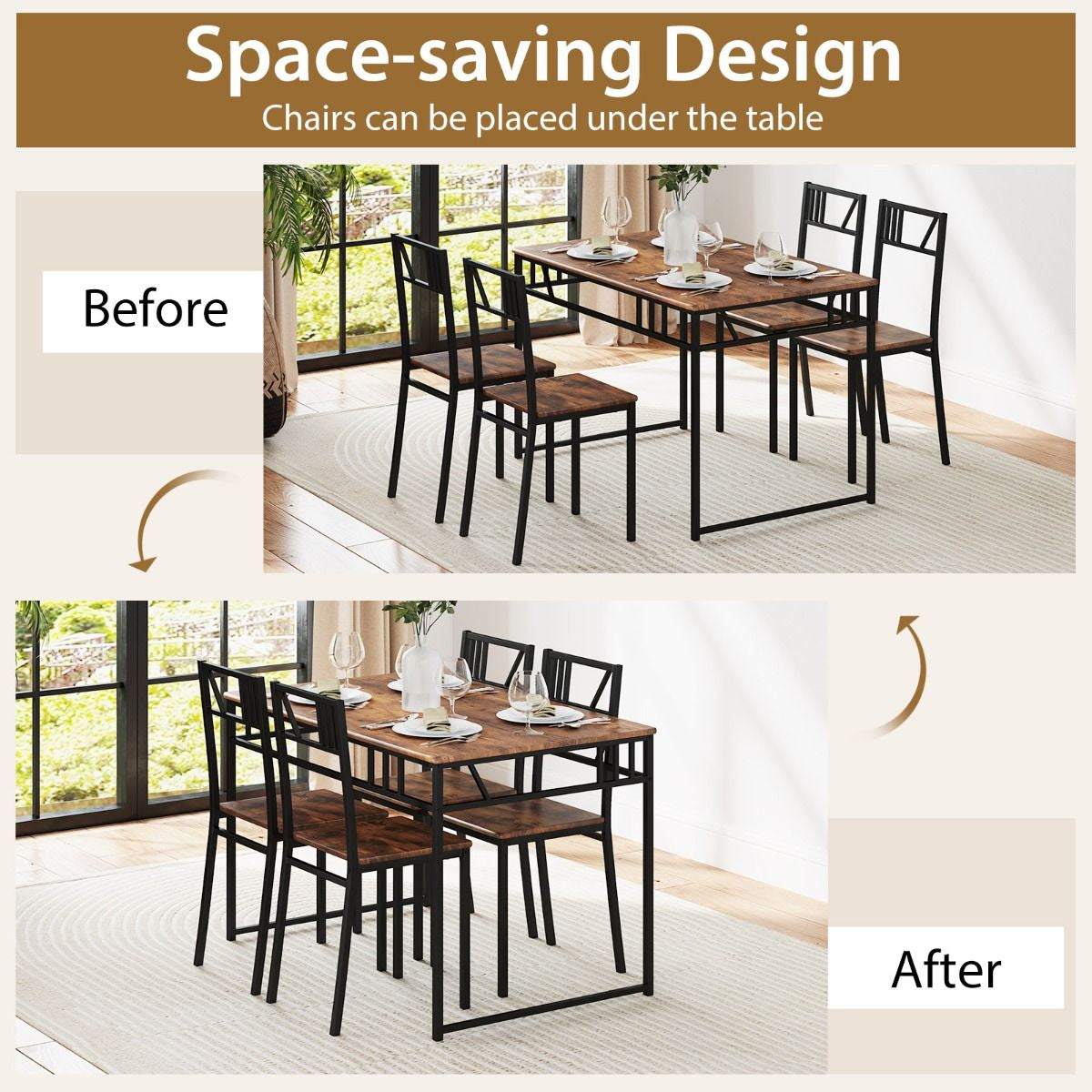 Industrial-Style Kitchen Table and 4 Chairs with Wood like Tabletop and Metal Frame