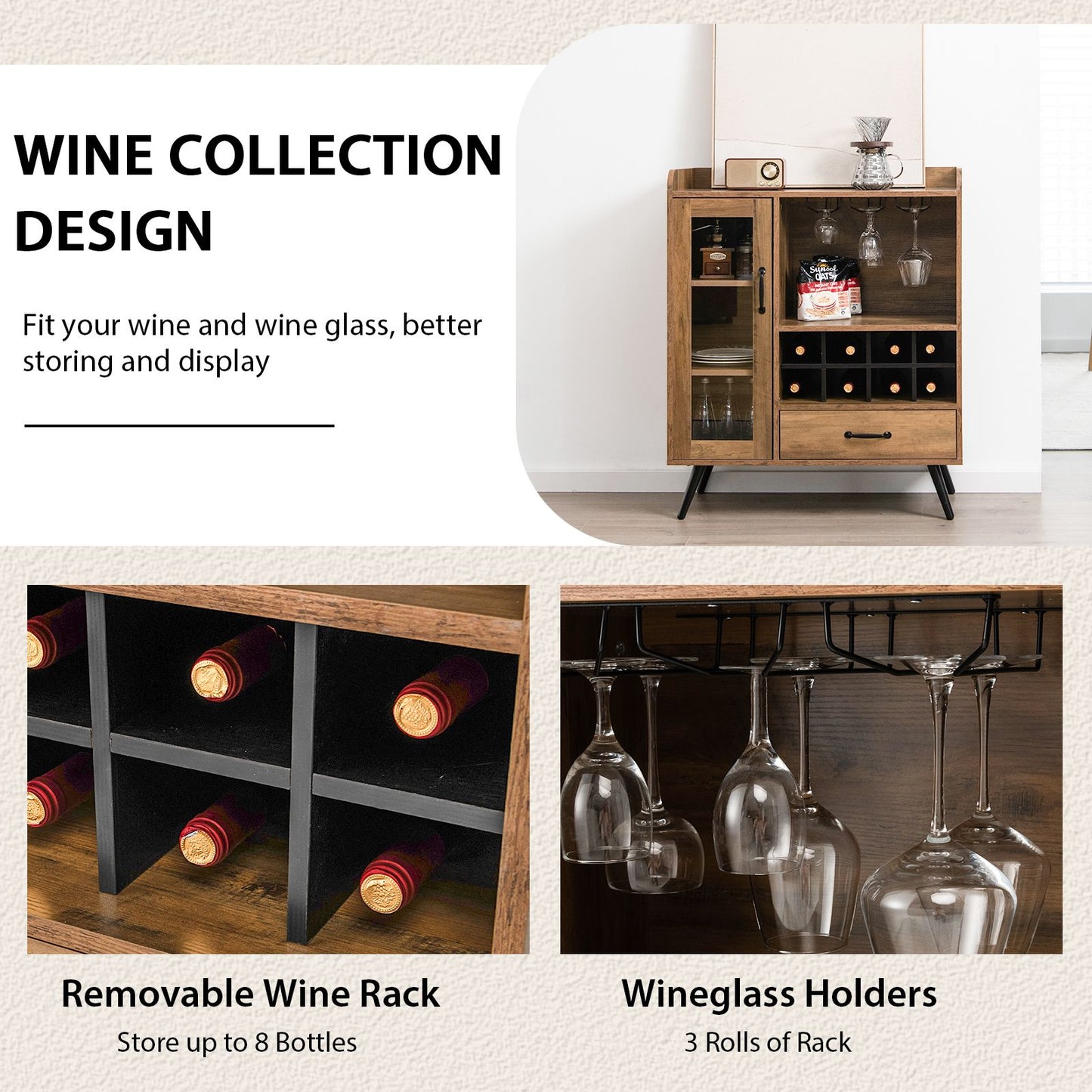 Wooden Wine Cabinet with Removable Wine Rack and Glass Holder