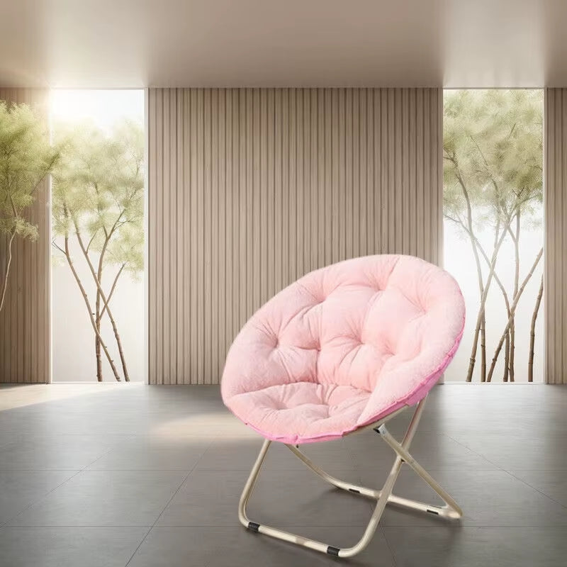 Round Folding Faux Fur Saucer Chair for Bedroom Living Room Dorm Comfy Furry Padded Soft Cozy Moon Chair with Footrest Ottoman