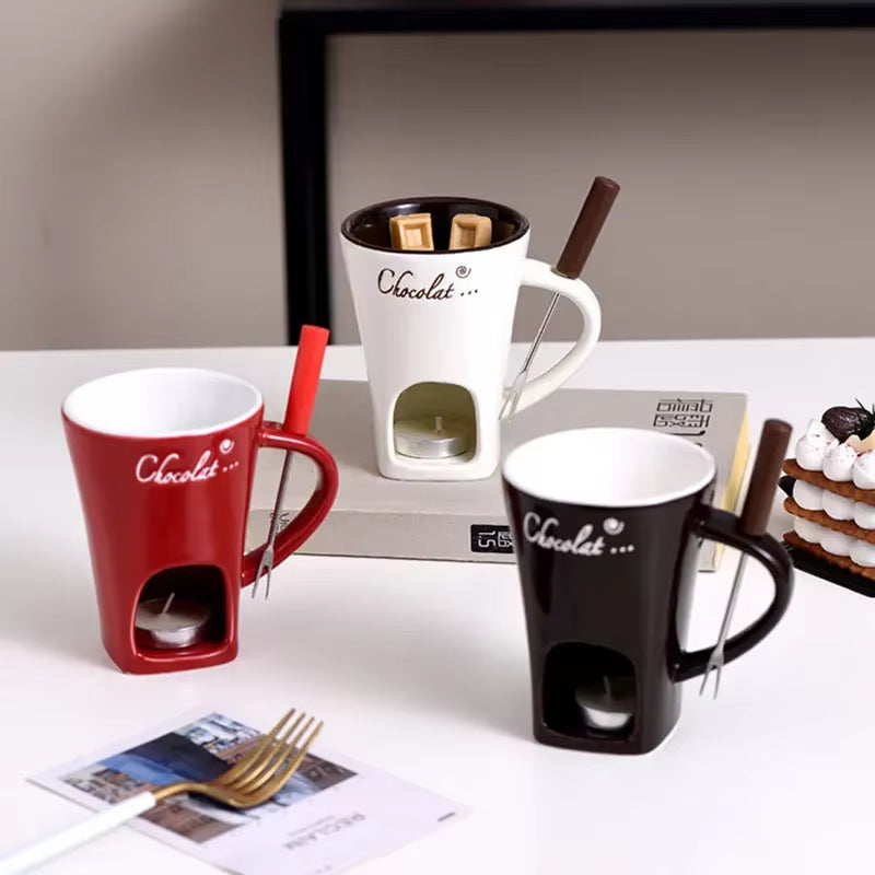 150Ml European Candle Cup Cheese Chocolate Melting Ceramic Mug Heating Food Ceramic Mug with Fork Creative Coffee Mug Tableware