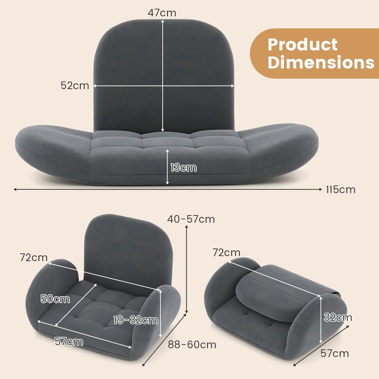 Folding Floor Game Chair for Adults, Lazy Sofa Chair with Adjustable Backrest and Armrests