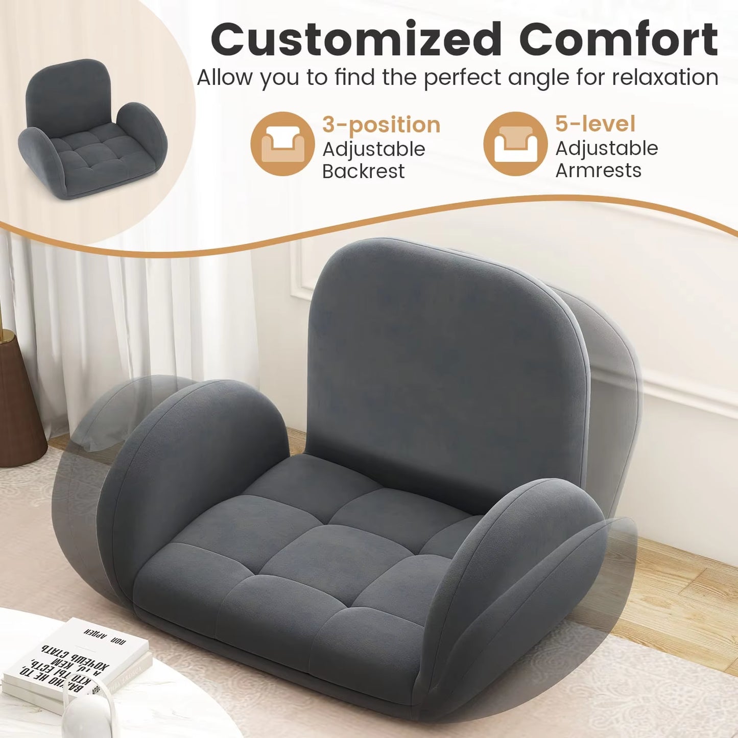 Folding Floor Game Chair for Adults, Lazy Sofa Chair with Adjustable Backrest and Armrests