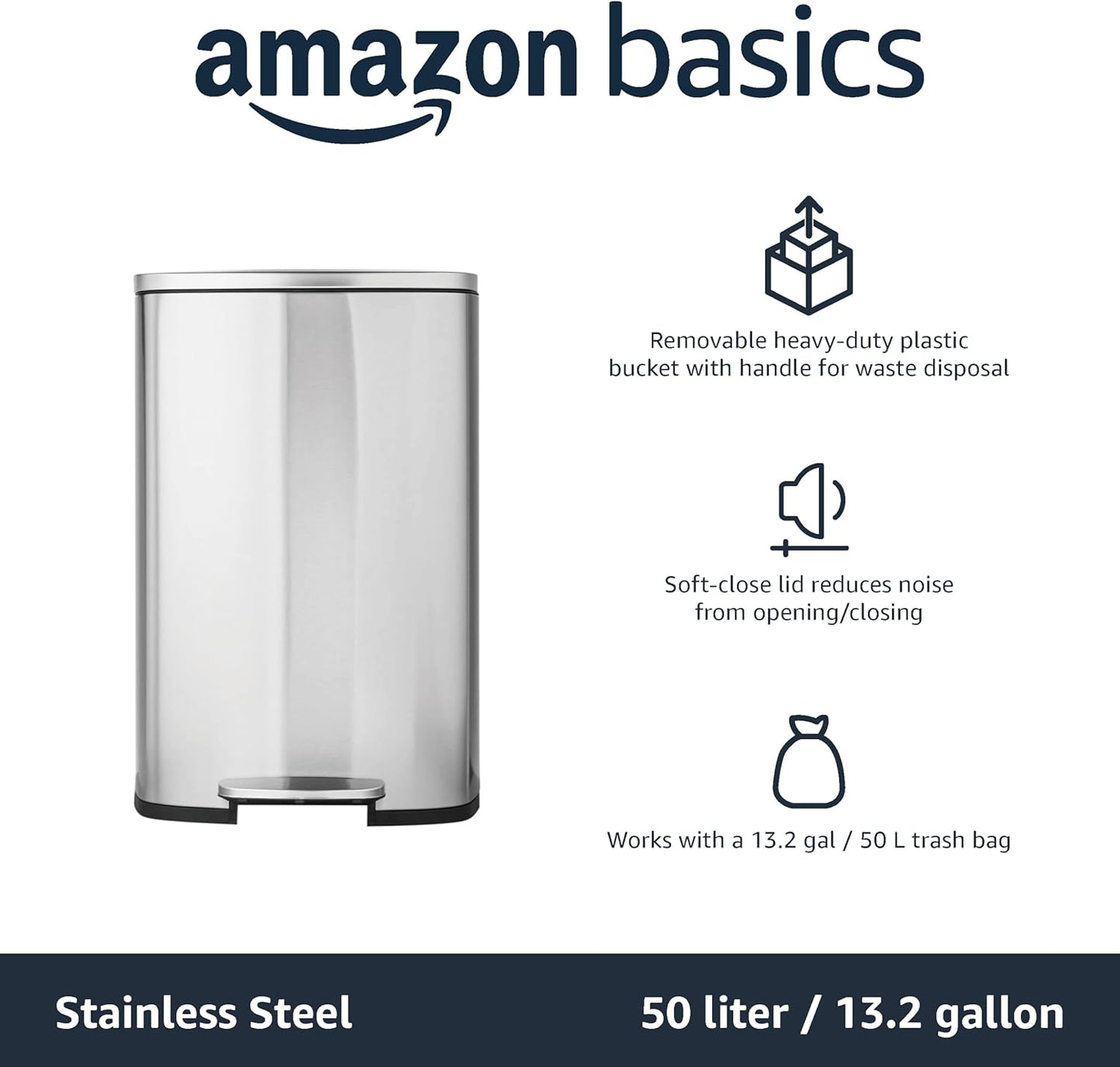 Rectangular Kitchen Bin with Steel Bar Pedal, Soft-Closing Mechanism for Home and Office Use, 50 L/13.2 Gallon, Satin Nickel Finish