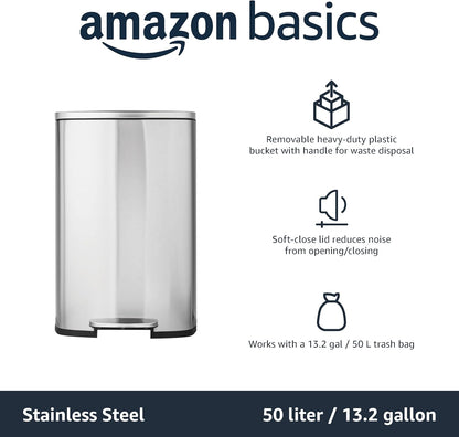 Rectangular Kitchen Bin with Steel Bar Pedal, Soft-Closing Mechanism for Home and Office Use, 50 L/13.2 Gallon, Satin Nickel Finish