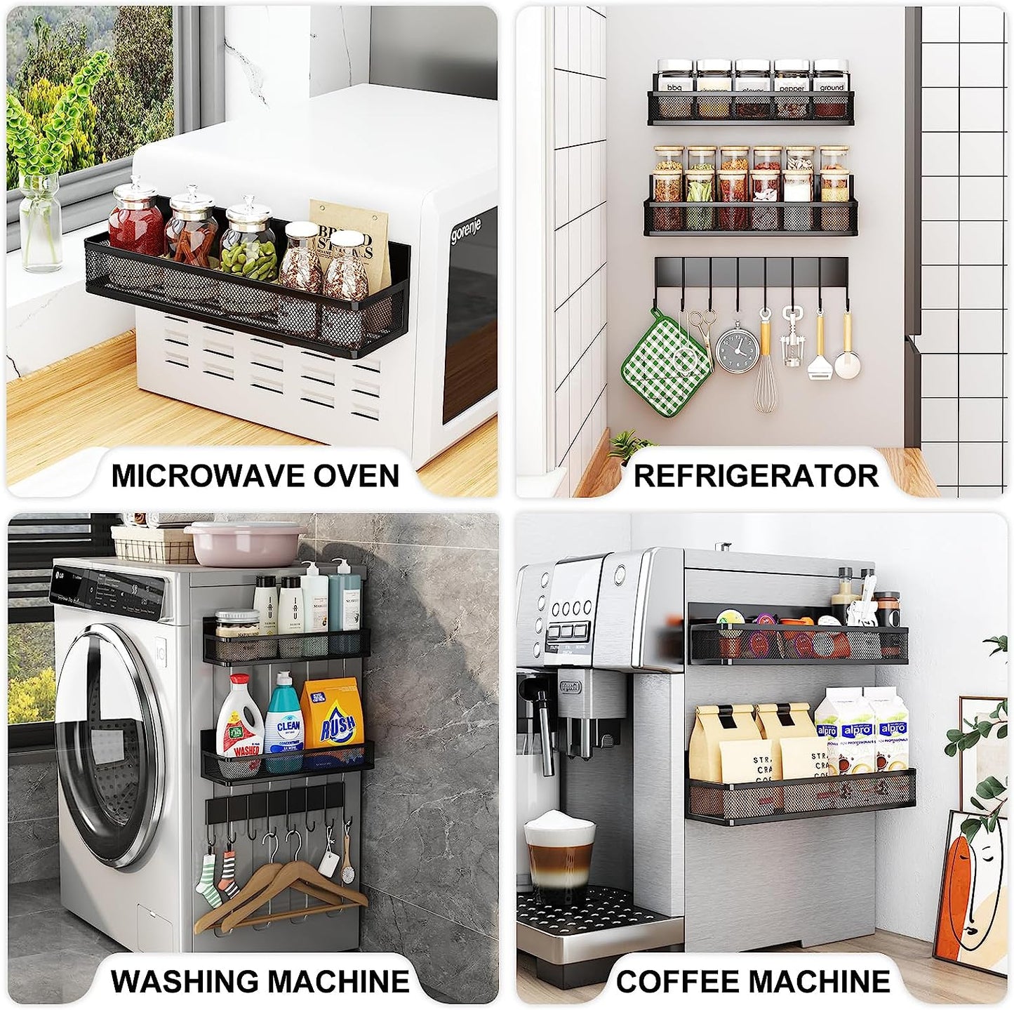 Magnetic Spice Rack for Refrigerator, 3 Pack Magnetic Shelf, Moveable Magnetic Fridge Organizer with 8-Hook Rack, Seasoning Organizer for Kitchen Organization and Storage