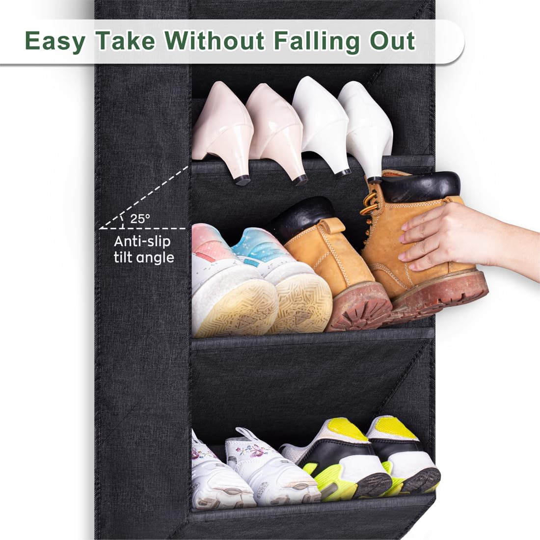 over the Door Shoe Rack for Closet, Short Hanging Shoe Organizer with Large Deep Pockets, Narrow Door Sneaker Storage for Boots in RV, Dorm, Black