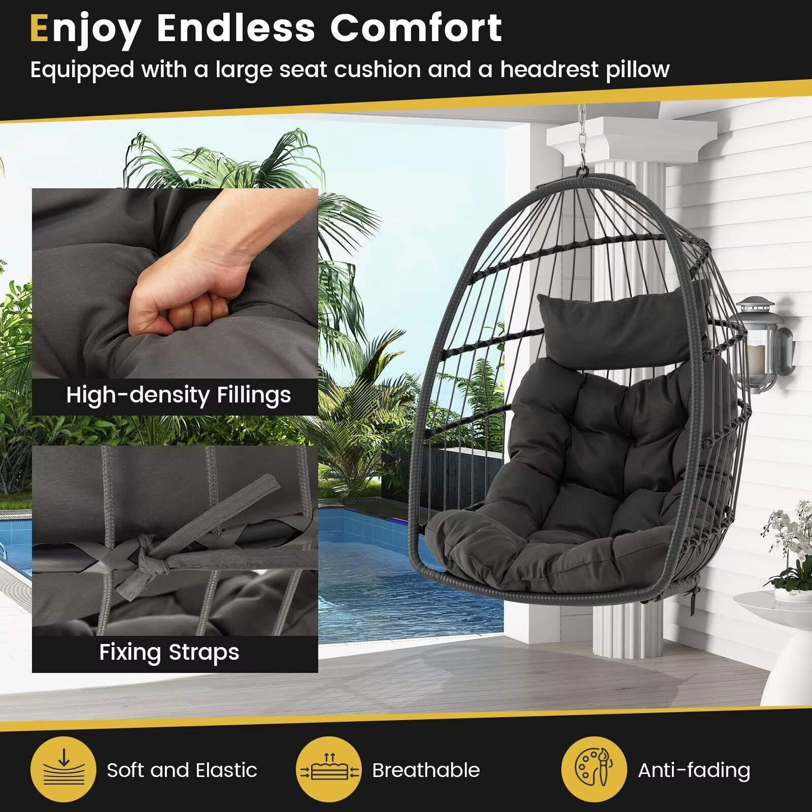 Hanging Egg Chair Egg Swing Hammock Chair W/ Head Pillow & Large Seat Cushion