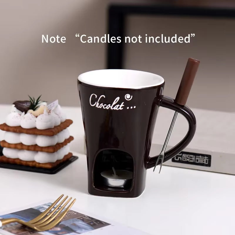 150Ml European Candle Cup Cheese Chocolate Melting Ceramic Mug Heating Food Ceramic Mug with Fork Creative Coffee Mug Tableware