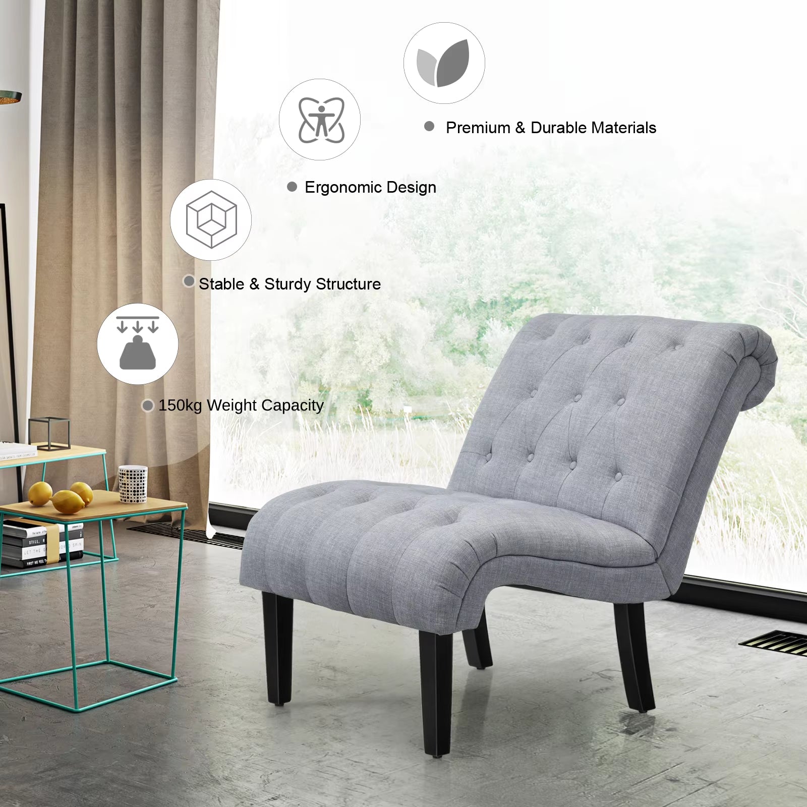 Armless Accent Chair Modern Leisure Chair W/ Solid Wood Legs & Adjustable Foot Pads