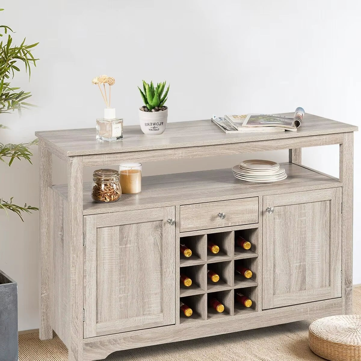 Kitchen Buffet Sideboard Rustic Cupboard Storage Organizer W/Wine Rack