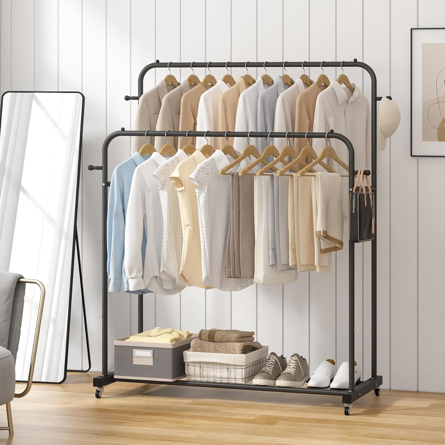 Double Rods Garment Rack with Wheels, Black, 4 Hooks, Multi-Functional Bedroom Clothes Rack, Portable, Modern, Metal, Require Assembly
