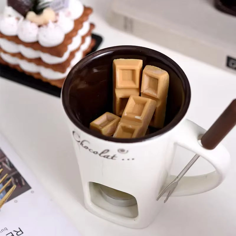 150Ml European Candle Cup Cheese Chocolate Melting Ceramic Mug Heating Food Ceramic Mug with Fork Creative Coffee Mug Tableware