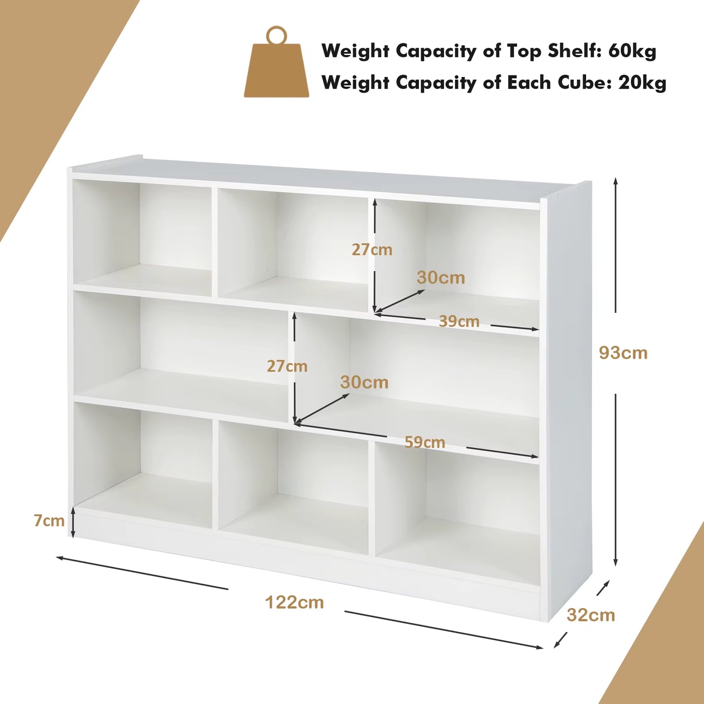 8 Cube Free Standing Bookcase 3-Tier Wooden Bookshelf W/ Open Cubes