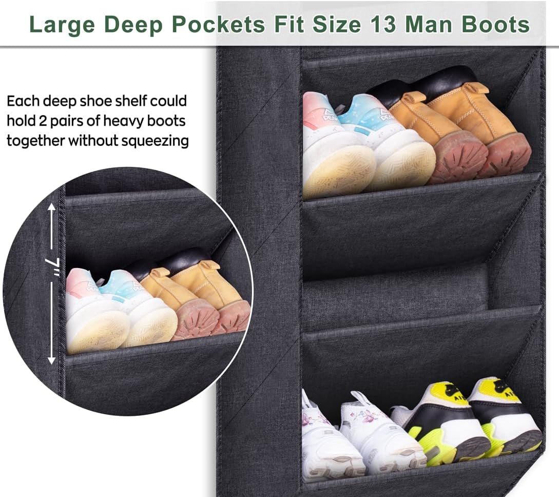 over the Door Shoe Rack for Closet, Short Hanging Shoe Organizer with Large Deep Pockets, Narrow Door Sneaker Storage for Boots in RV, Dorm, Black