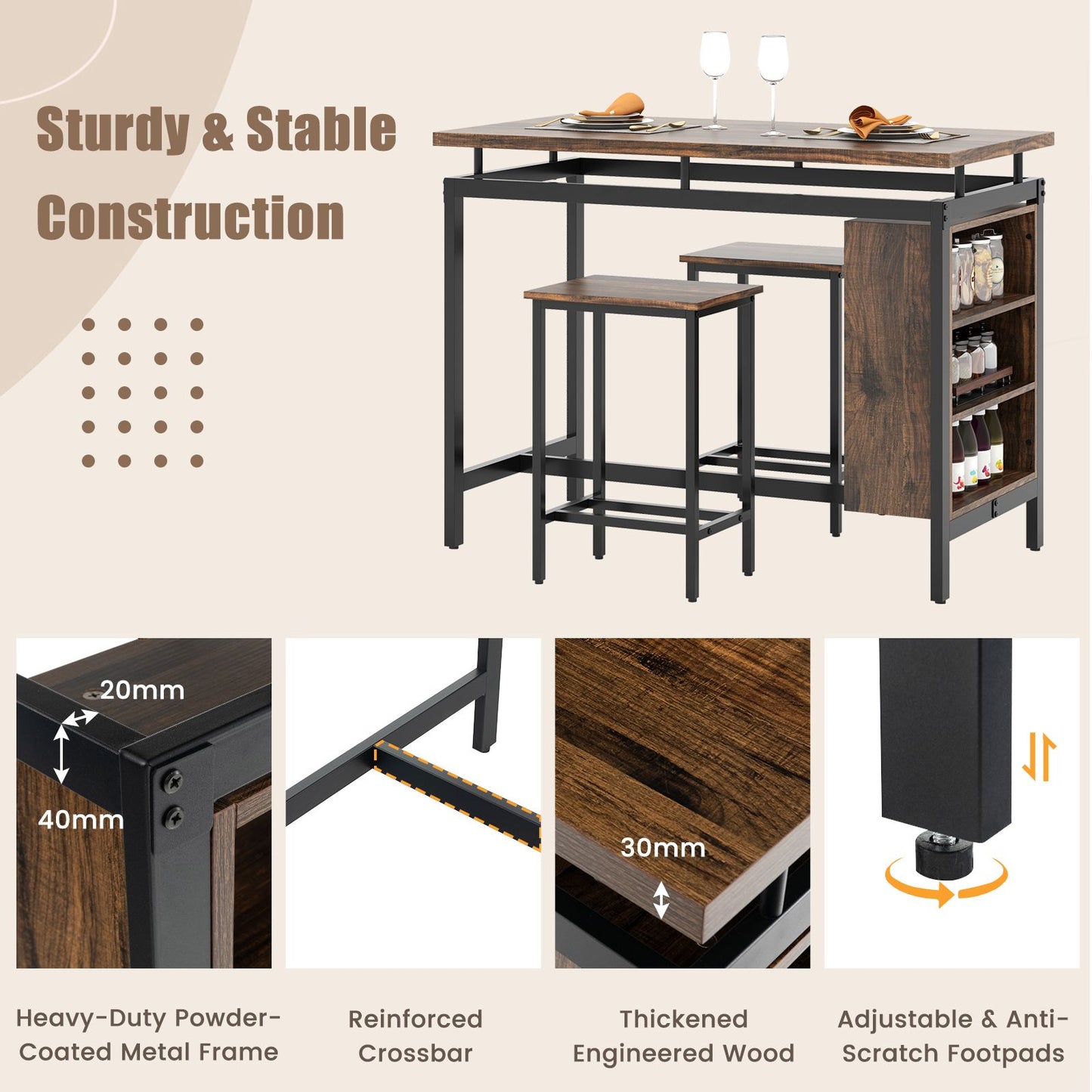 3-Piece Dining Table Set with 3-Tier Storage Shelf and Metal Frame