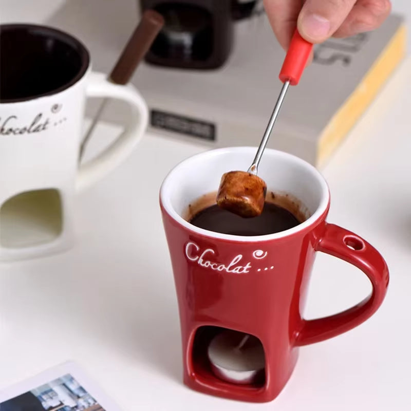 150Ml European Candle Cup Cheese Chocolate Melting Ceramic Mug Heating Food Ceramic Mug with Fork Creative Coffee Mug Tableware