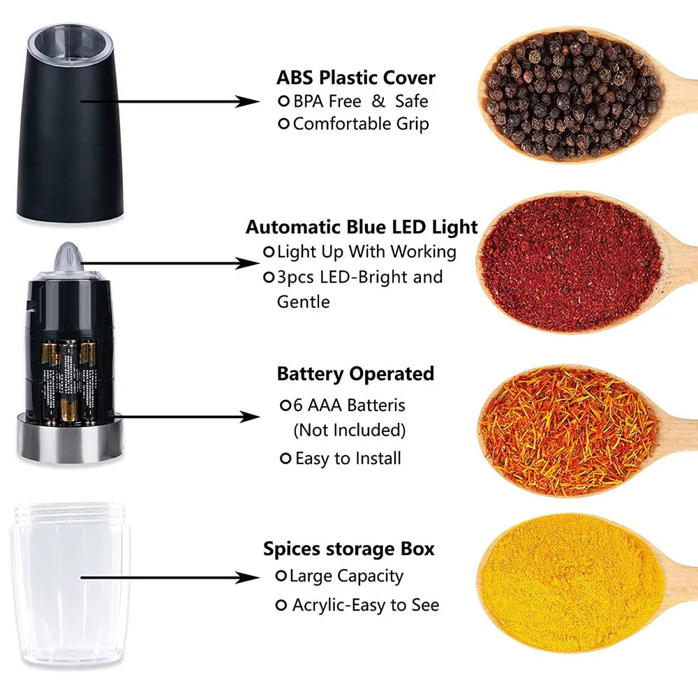 Gravity Electric Pepper and Salt Grinder Mill Adjustable Coarseness Battery Powered with Blue LED Light