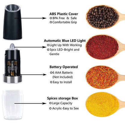 Gravity Electric Pepper and Salt Grinder Mill Adjustable Coarseness Battery Powered with Blue LED Light
