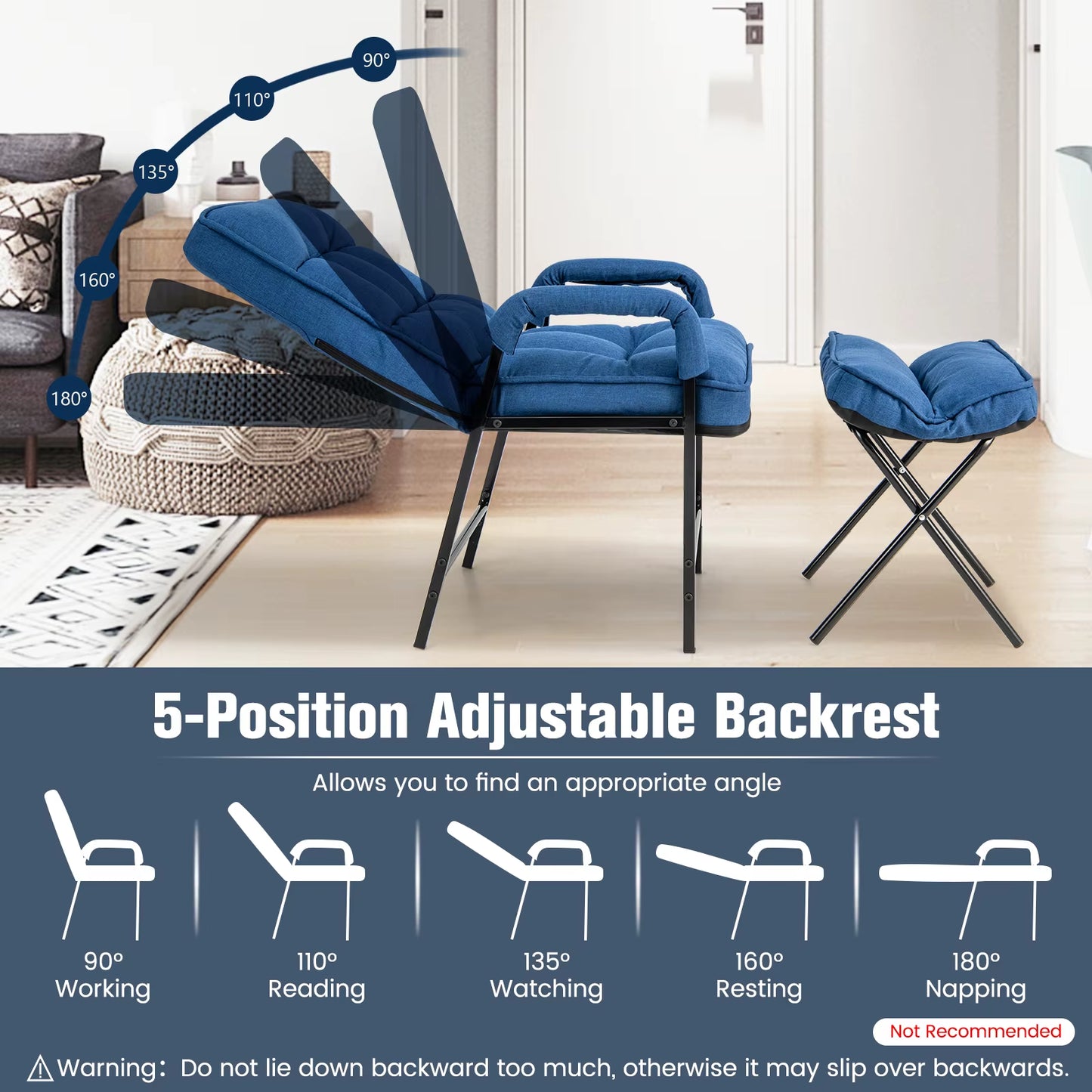 Modern Accent Chair Linen Fabric Arm Chair with Adjustable Backrest & Solid Metal Frame