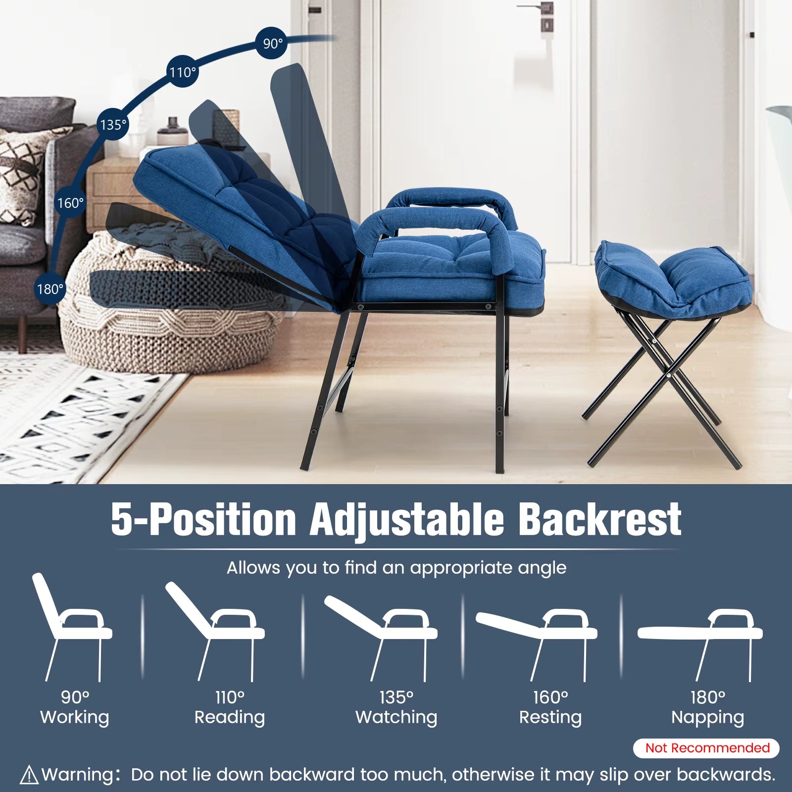Modern Accent Chair Linen Fabric Arm Chair with Adjustable Backrest & Solid Metal Frame