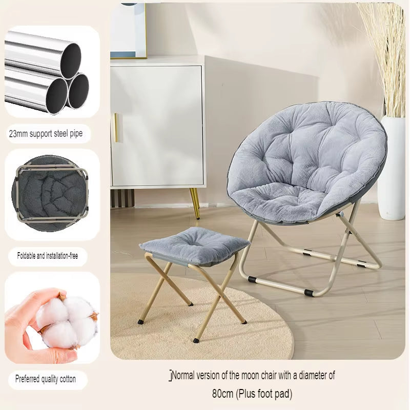 Round Folding Faux Fur Saucer Chair for Bedroom Living Room Dorm Comfy Furry Padded Soft Cozy Moon Chair with Footrest Ottoman