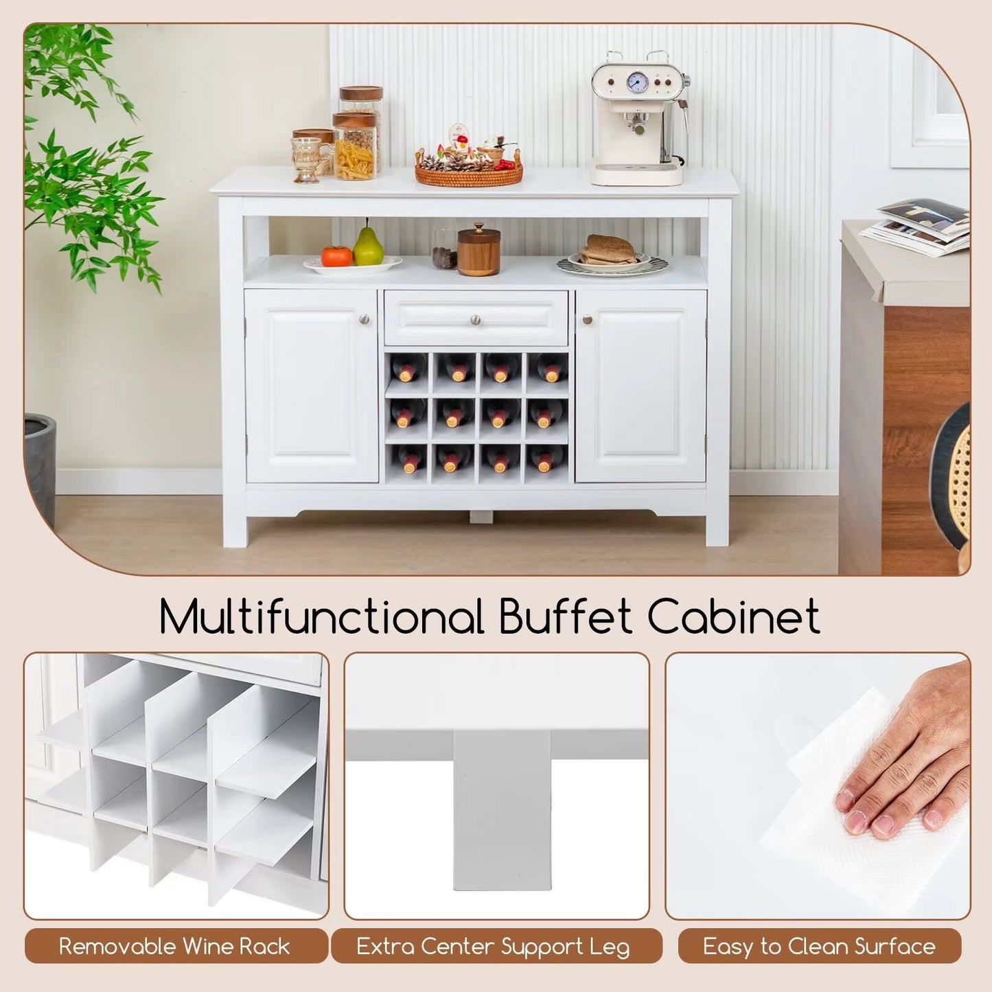 Wooden Storage Cabinet Freestanding Bar Buffet Sideboard with Wine Rack Drawer