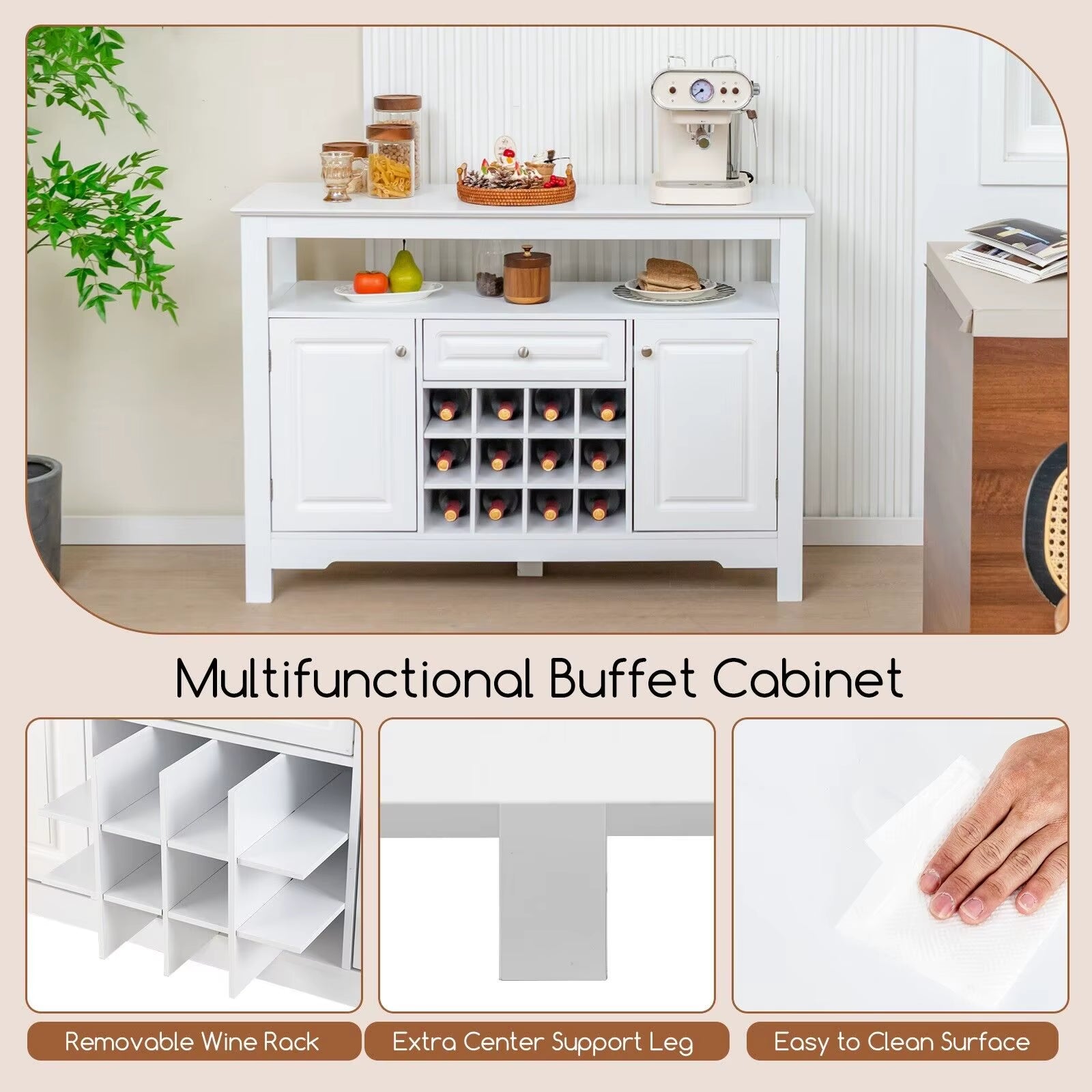Wooden Storage Cabinet Freestanding Bar Buffet Sideboard with Wine Rack Drawer