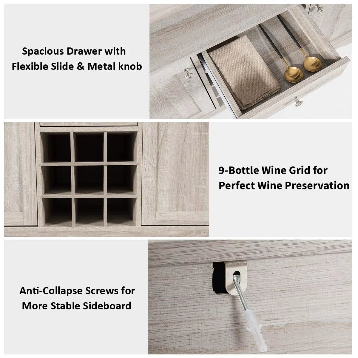 Kitchen Buffet Sideboard Rustic Cupboard Storage Organizer W/Wine Rack