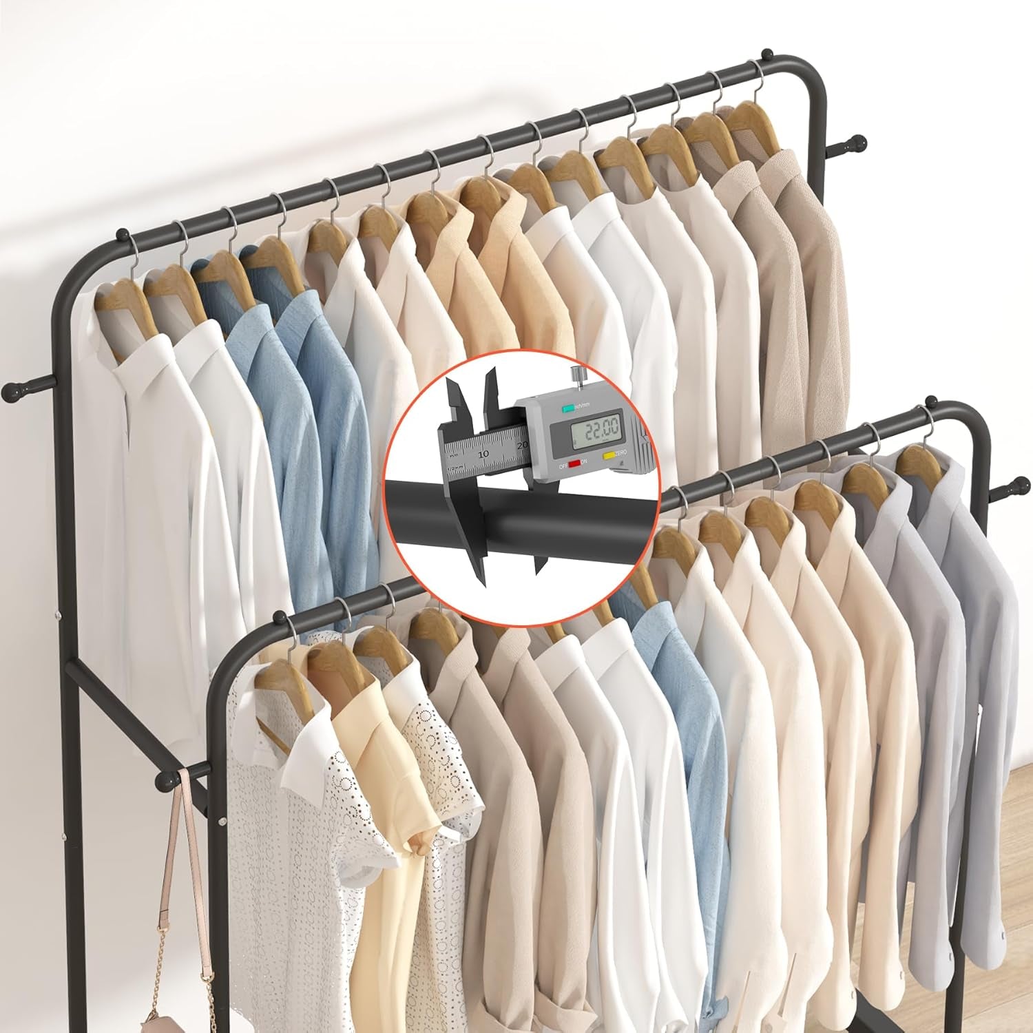 Double Rods Garment Rack with Wheels, Black, 4 Hooks, Multi-Functional Bedroom Clothes Rack, Portable, Modern, Metal, Require Assembly