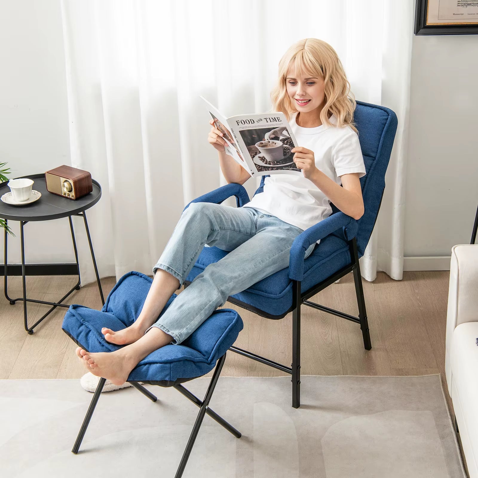Modern Accent Chair Linen Fabric Arm Chair with Adjustable Backrest & Solid Metal Frame