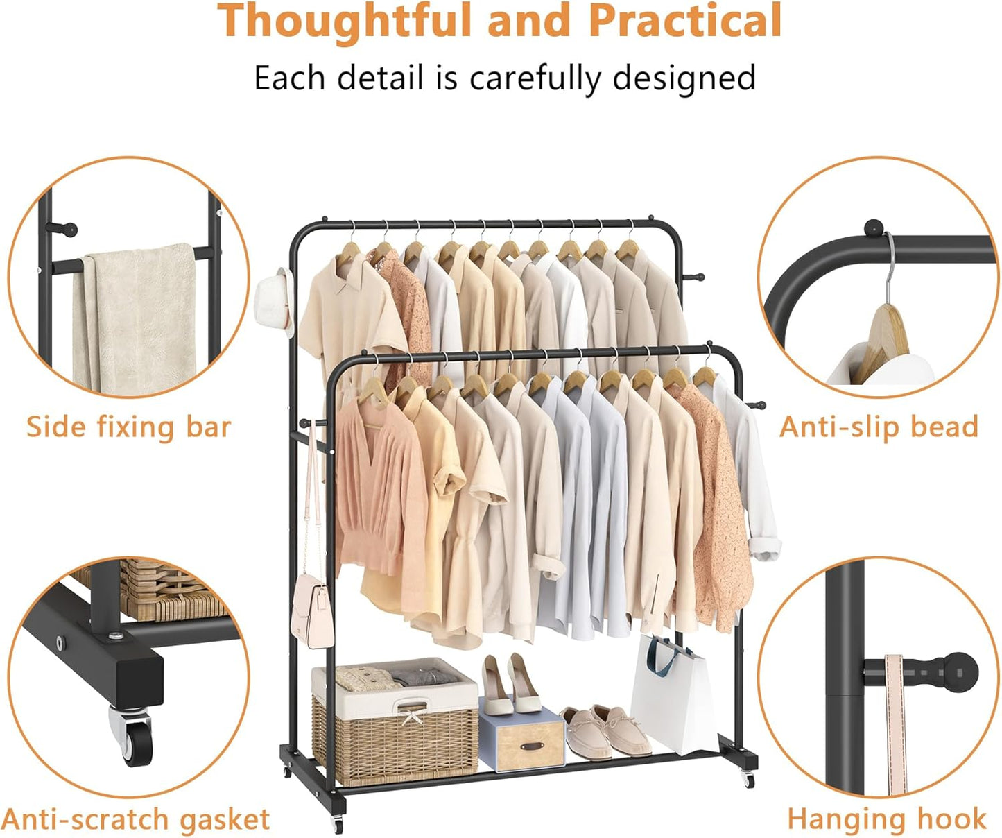 Double Rods Garment Rack with Wheels, Black, 4 Hooks, Multi-Functional Bedroom Clothes Rack, Portable, Modern, Metal, Require Assembly