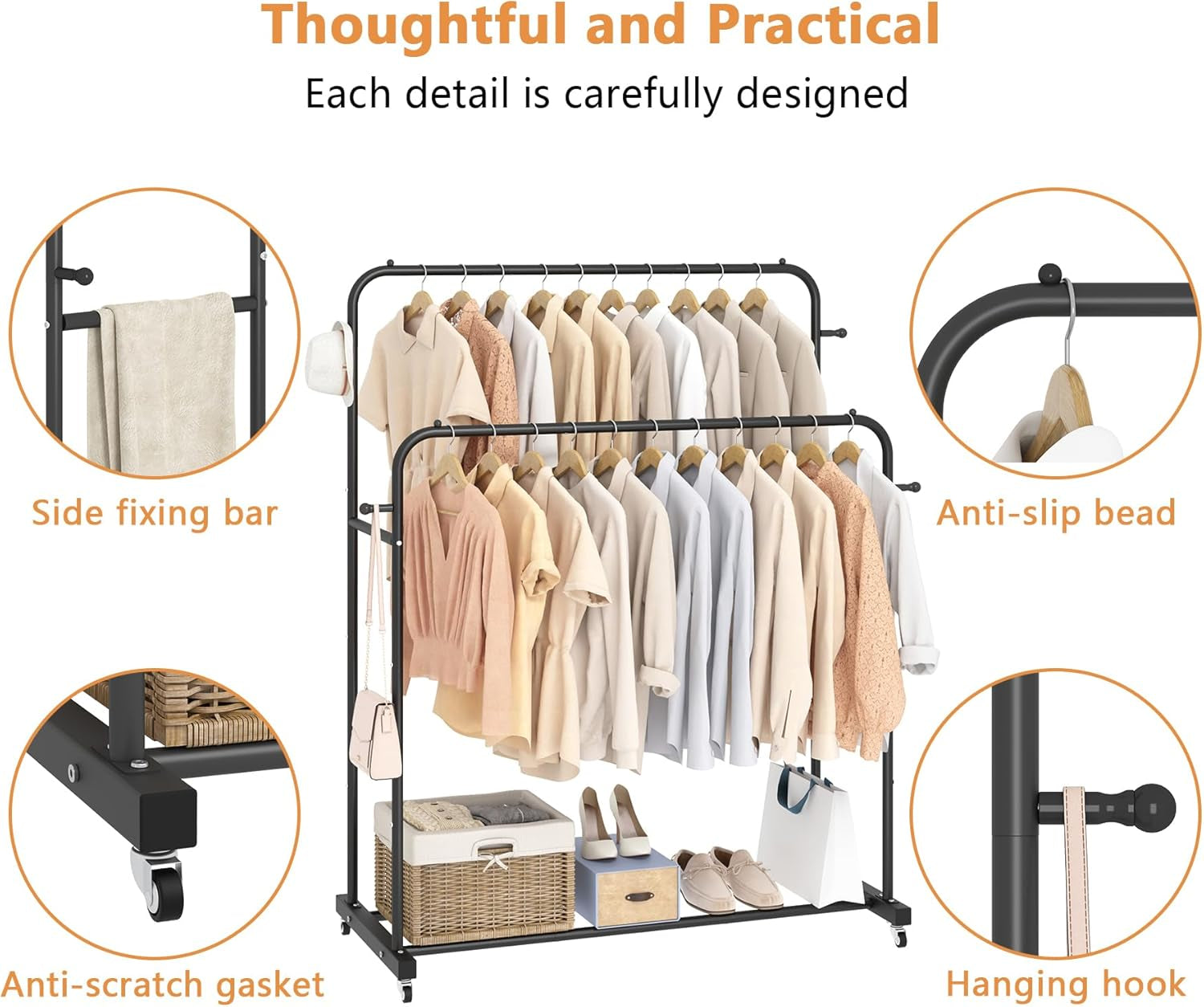 Double Rods Garment Rack with Wheels, Black, 4 Hooks, Multi-Functional Bedroom Clothes Rack, Portable, Modern, Metal, Require Assembly
