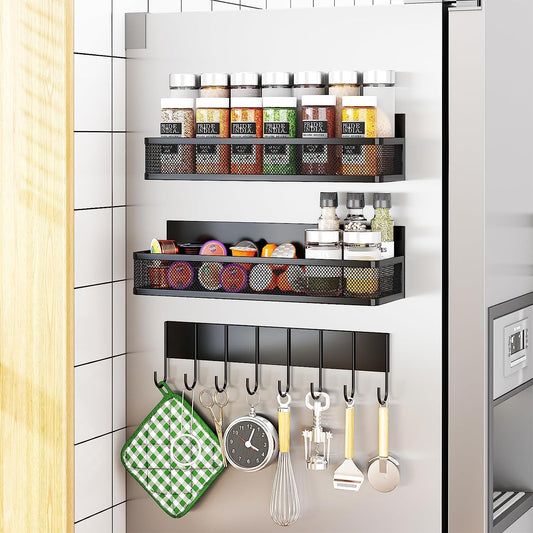 Magnetic Spice Rack for Refrigerator, 3 Pack Magnetic Shelf, Moveable Magnetic Fridge Organizer with 8-Hook Rack, Seasoning Organizer for Kitchen Organization and Storage