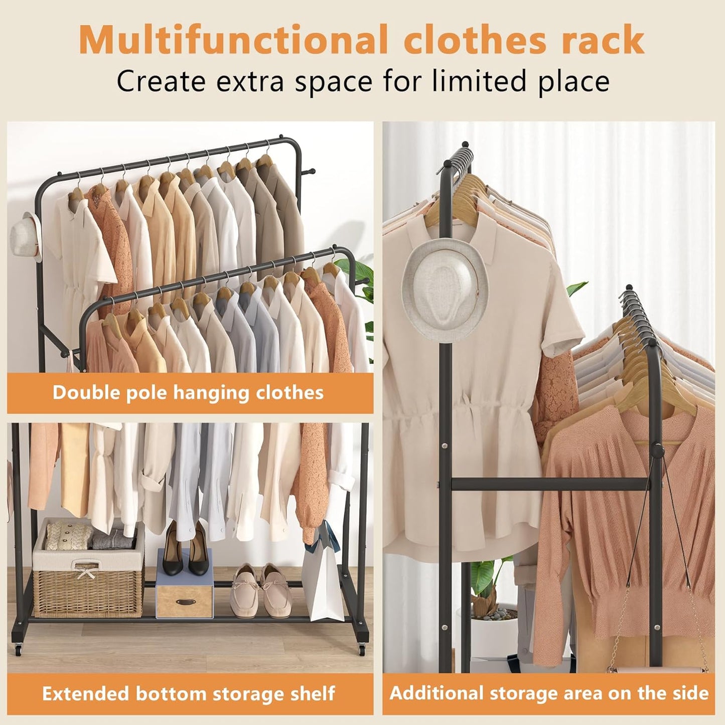 Double Rods Garment Rack with Wheels, Black, 4 Hooks, Multi-Functional Bedroom Clothes Rack, Portable, Modern, Metal, Require Assembly