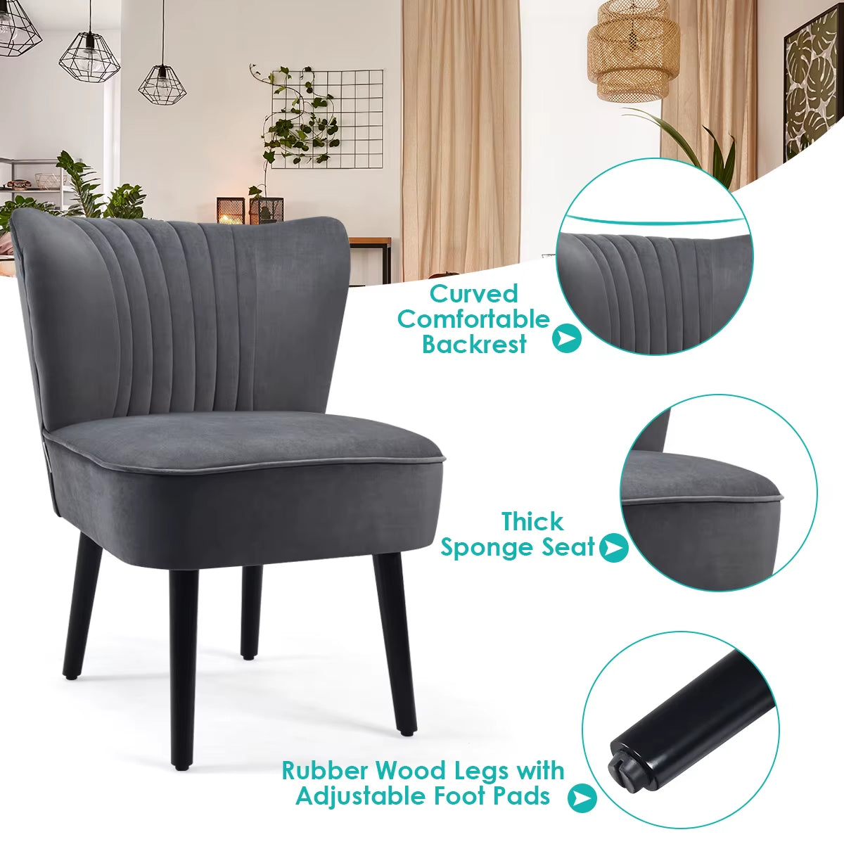 Velvet Accent Chair Set of 2 Modern Leisure Chair with Rubber Wood Legs & Non-Slip Foot Pads
