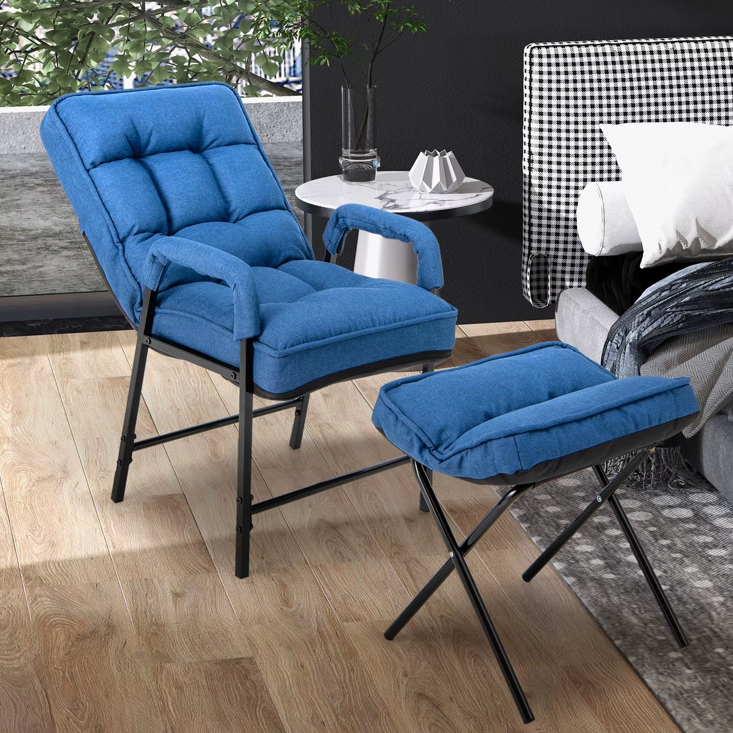 Modern Accent Chair Linen Fabric Arm Chair with Adjustable Backrest & Solid Metal Frame