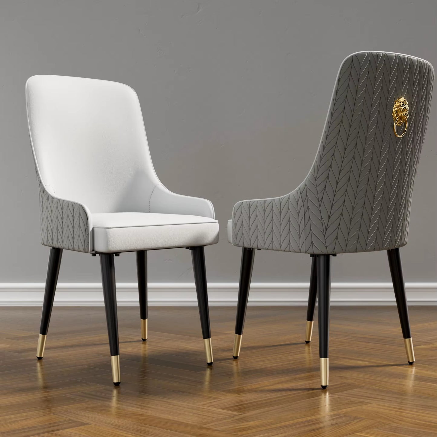 Modern PU Leather Set of 2 Dining Chairs with Metal Legs High Tufted Back Lion Head Pull Ring