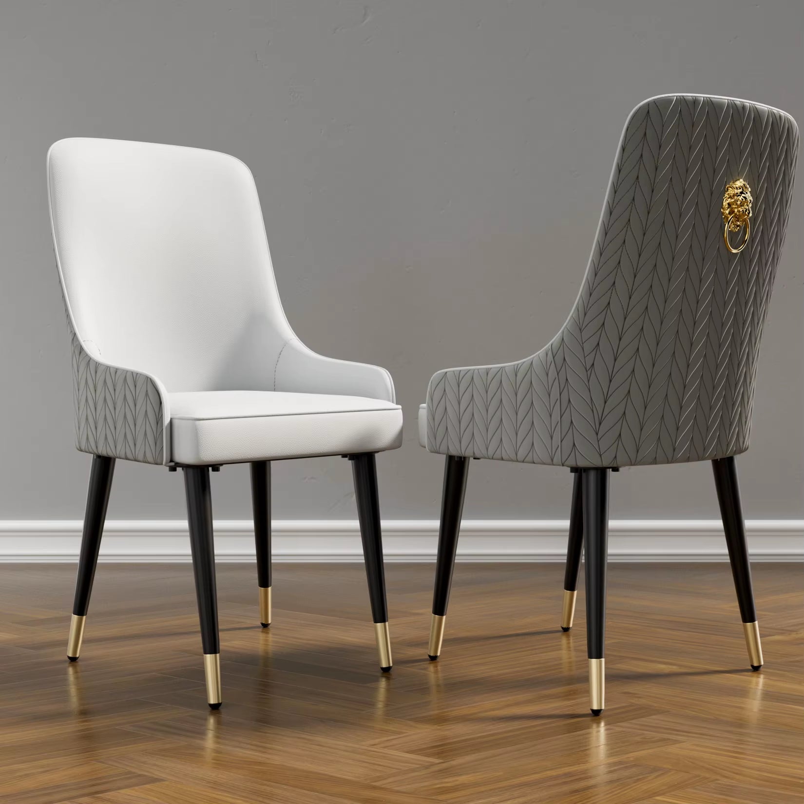 Modern PU Leather Set of 2 Dining Chairs with Metal Legs High Tufted Back Lion Head Pull Ring