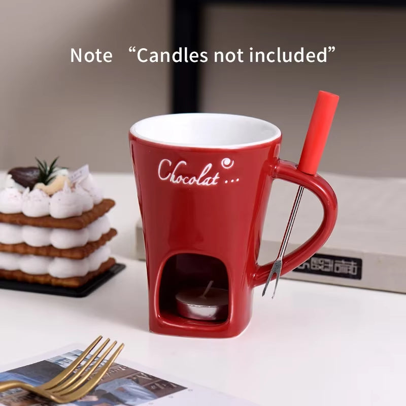 150Ml European Candle Cup Cheese Chocolate Melting Ceramic Mug Heating Food Ceramic Mug with Fork Creative Coffee Mug Tableware