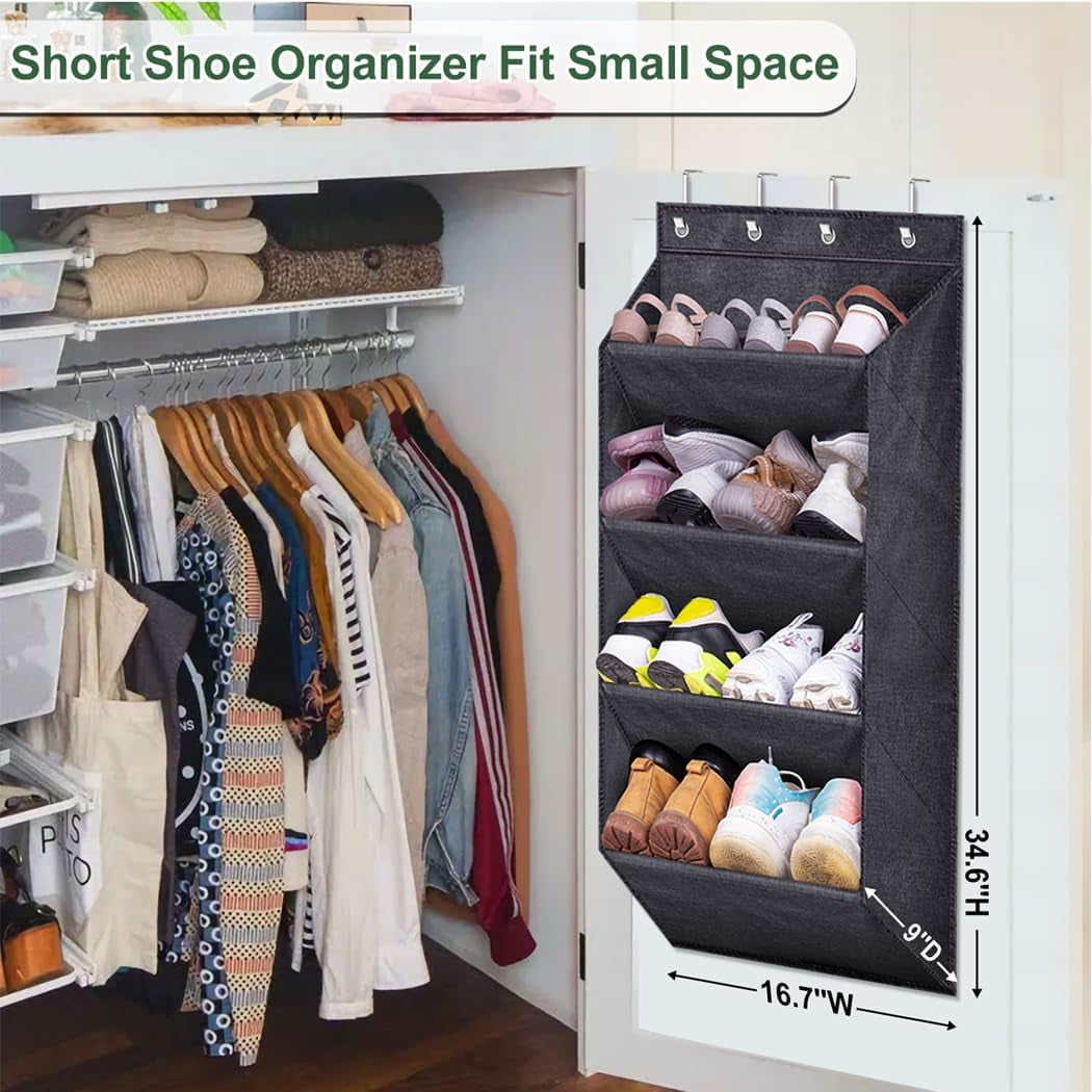 over the Door Shoe Rack for Closet, Short Hanging Shoe Organizer with Large Deep Pockets, Narrow Door Sneaker Storage for Boots in RV, Dorm, Black