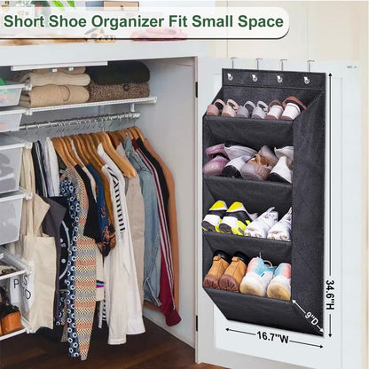 over the Door Shoe Rack for Closet, Short Hanging Shoe Organizer with Large Deep Pockets, Narrow Door Sneaker Storage for Boots in RV, Dorm, Black