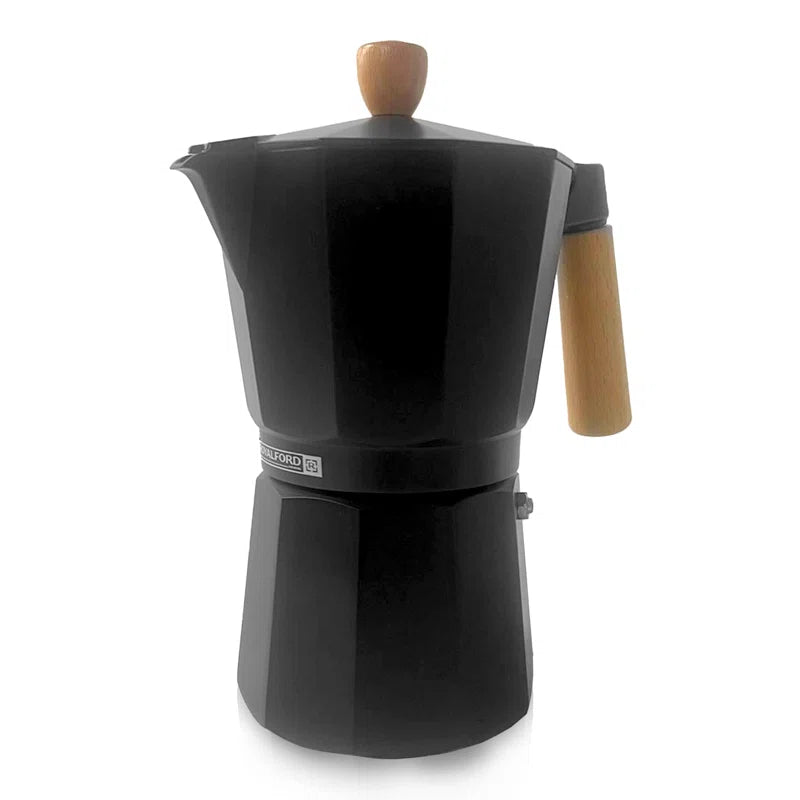 Italian Espresso Coffee Maker Stovetop Moka Pot (6 Cups/300Ml)Traditional, Wooden Handle & Knob, Aluminium, Black