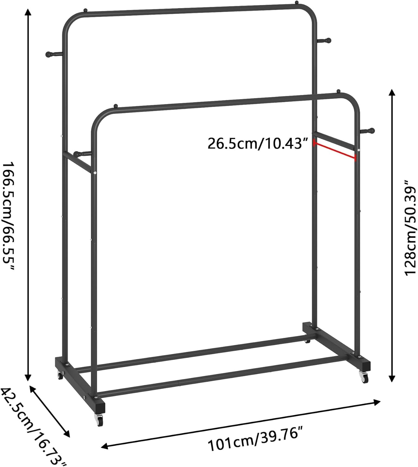 Double Rods Garment Rack with Wheels, Black, 4 Hooks, Multi-Functional Bedroom Clothes Rack, Portable, Modern, Metal, Require Assembly