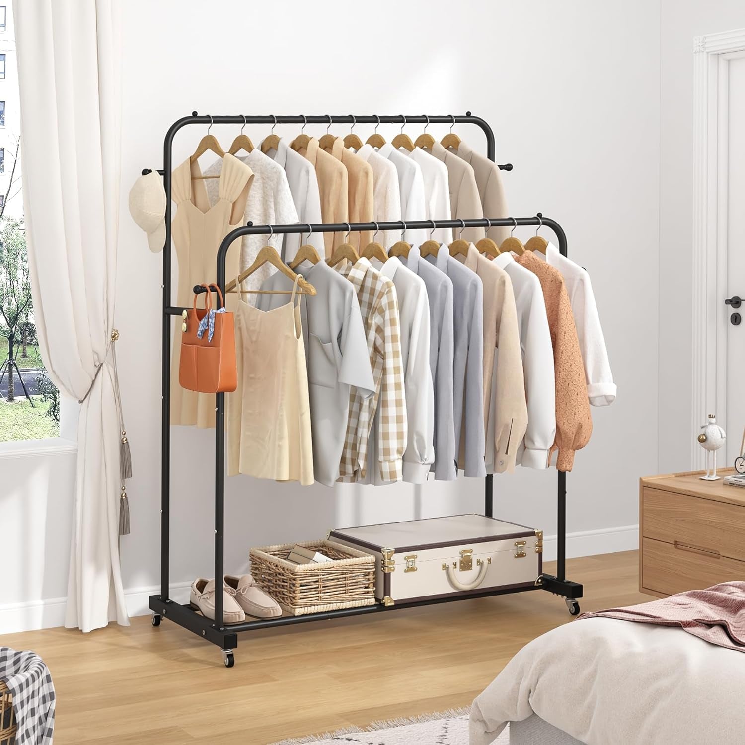 Double Rods Garment Rack with Wheels, Black, 4 Hooks, Multi-Functional Bedroom Clothes Rack, Portable, Modern, Metal, Require Assembly