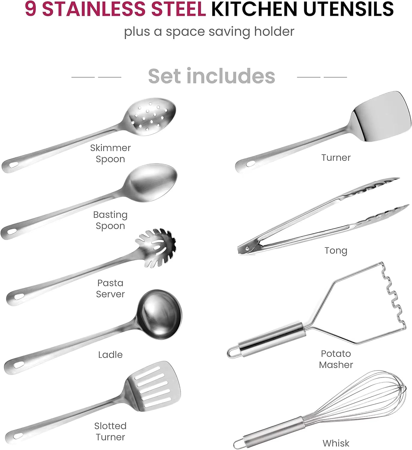 Finedine Stainless-Steel Kitchen Utensil Set - 10-Piece Premium Nonstick & Heat Resistant Gadgets, Turner