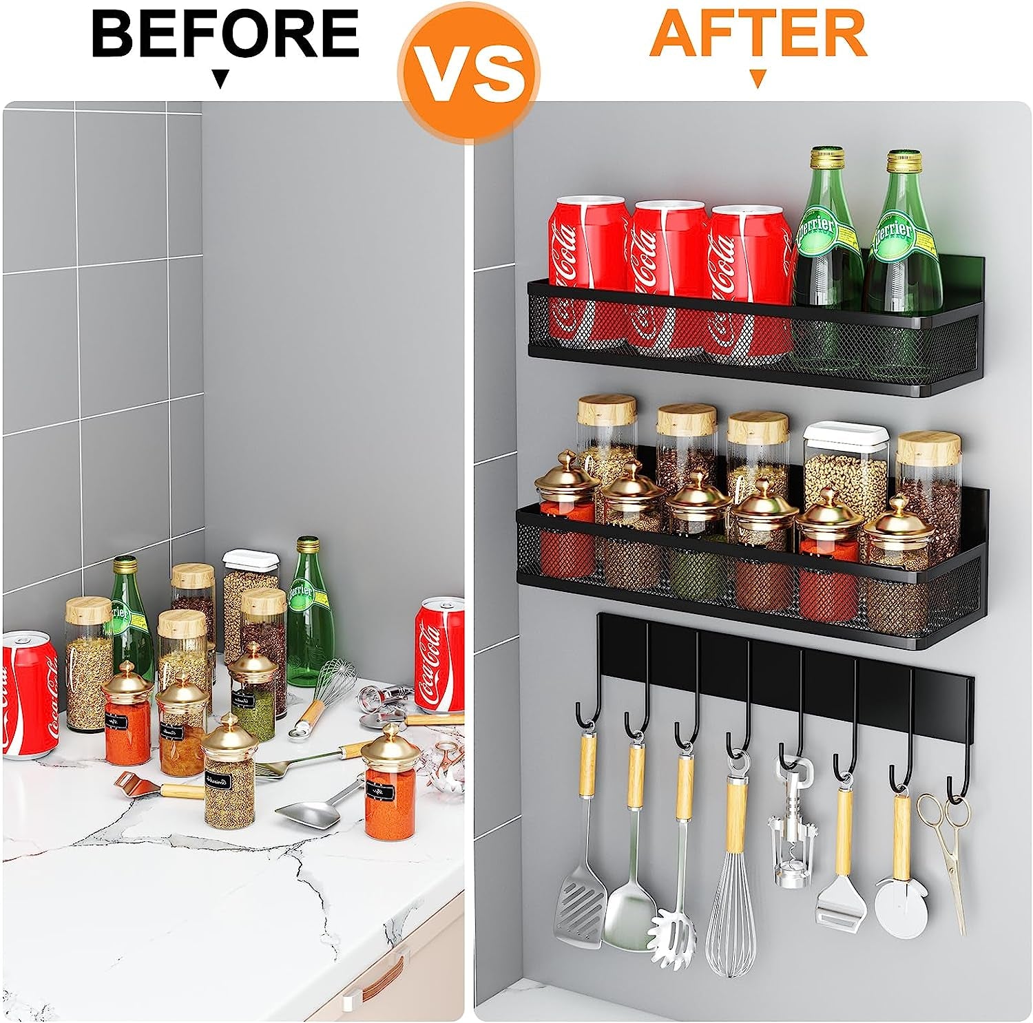 Magnetic Spice Rack for Refrigerator, 3 Pack Magnetic Shelf, Moveable Magnetic Fridge Organizer with 8-Hook Rack, Seasoning Organizer for Kitchen Organization and Storage
