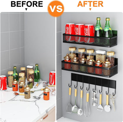 Magnetic Spice Rack for Refrigerator, 3 Pack Magnetic Shelf, Moveable Magnetic Fridge Organizer with 8-Hook Rack, Seasoning Organizer for Kitchen Organization and Storage