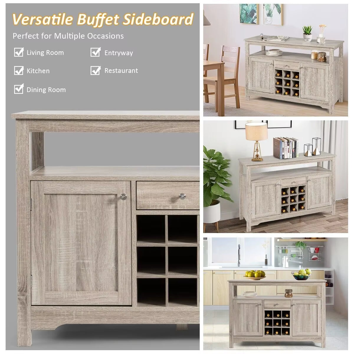 Kitchen Buffet Sideboard Rustic Cupboard Storage Organizer W/Wine Rack